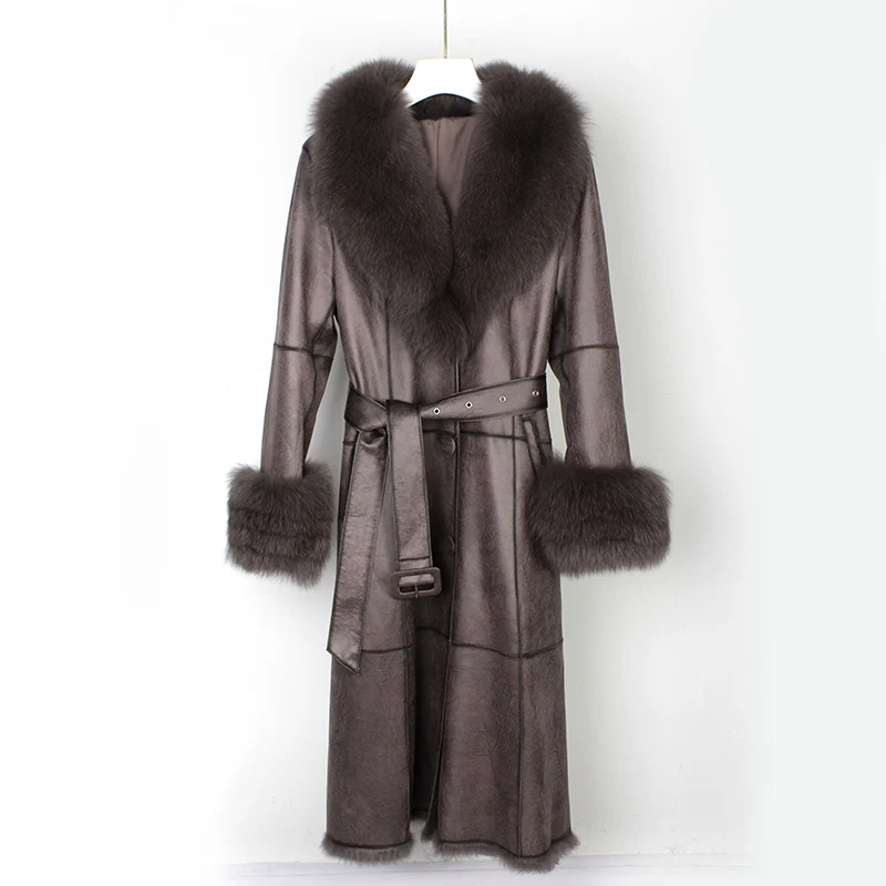 MENINA BONITA Winter Women Long Genuine Leather Coat Natural Fox Fur Collar Real Rabbit Fur Liner Belt Slim Trench New Outerwear