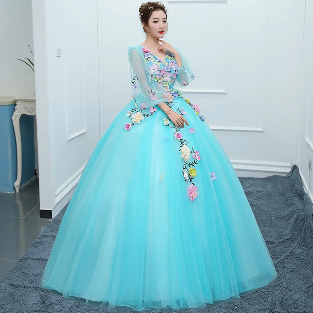 Xanh Dương Quinceanera Đầm Quý Tay Bầu Đầm Dự Tiệc Cho Bé Gái