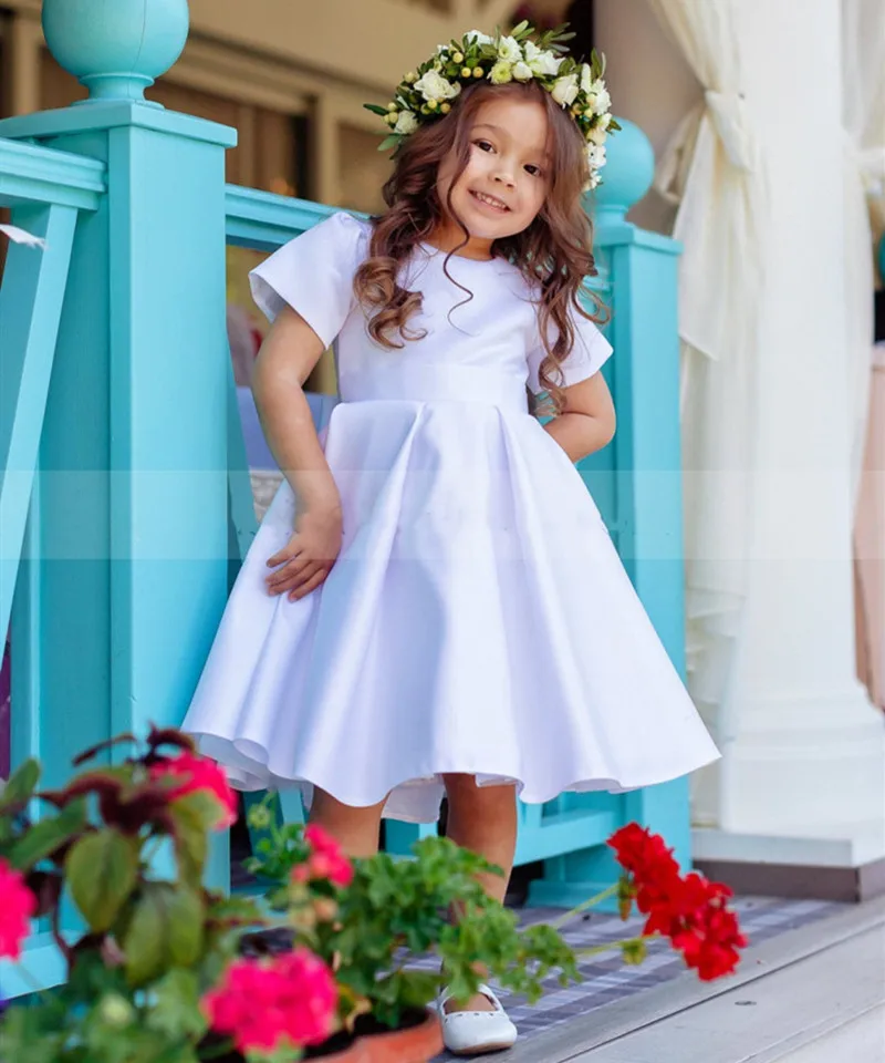 Classic White Satin Flower Girl Dress Short Sleeve Little Princess Birthday Party Gown Kids Cloth Christmas New Year