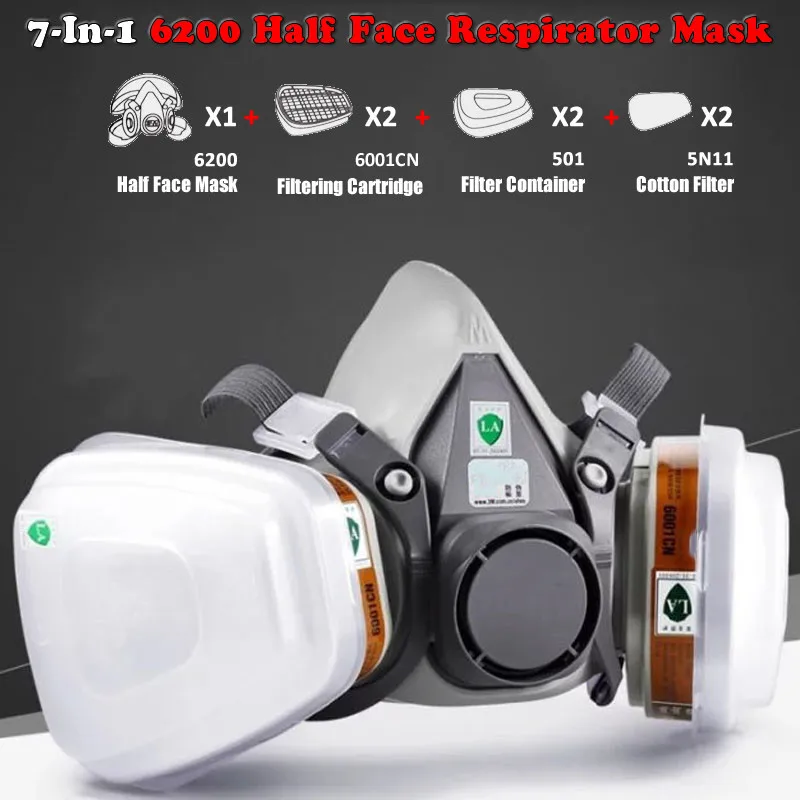 7In1 6200 Gas Respirator Half Face Dust Mask For Painting Spraying Organic Vapor Chemical Filter Work Safety