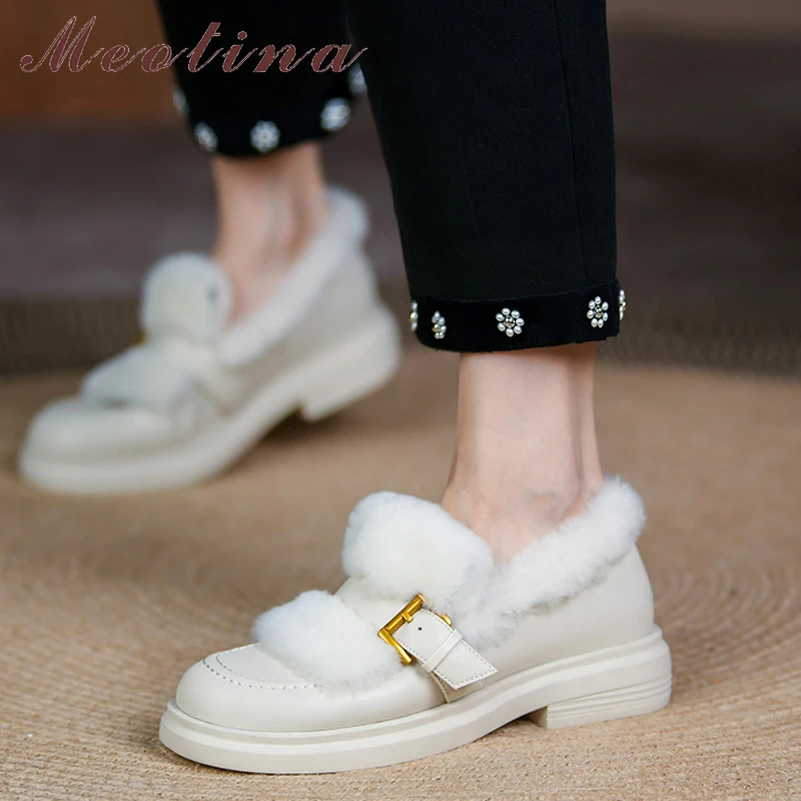

Meotina Flats Shoes Women Genuine Leather Wool Loafers Shoes Buckle Strap Casual Shoes Round Toe Ladies Footwear Winter Beige 40
