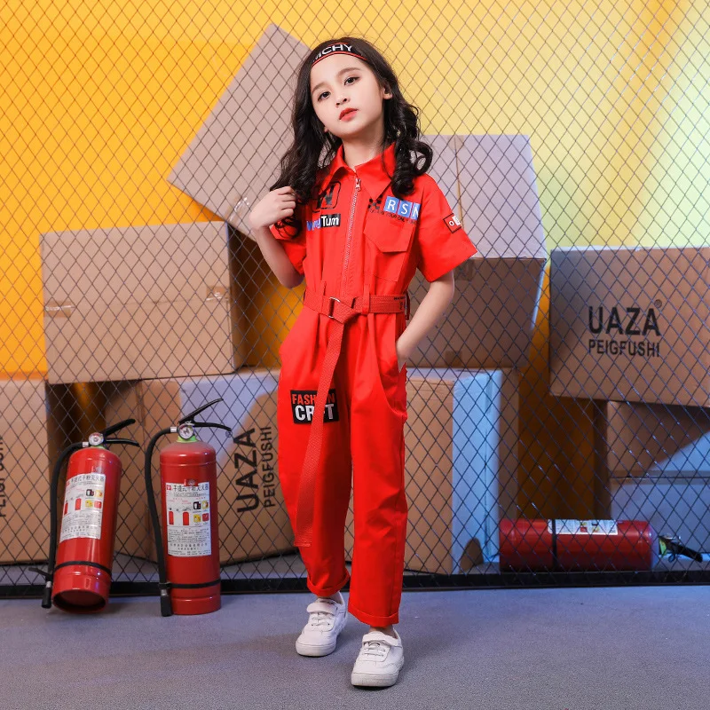 Kids Cool Korte Mouwen Hip Hop Kleding Blauw Rood Losse Jumpsuit Overalls Voor Meisjes Jongens Jazz Dans Kostuums Dansen Kleding dragen