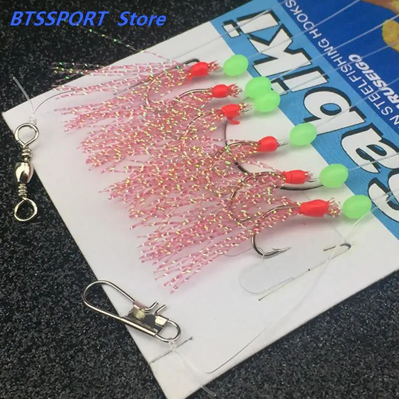 6pcs/set noctilucence Mackerel Feathers Bass Cod Sea Fishing Tackle Boat Luminous Fishing Hook Treble Fishing Lures