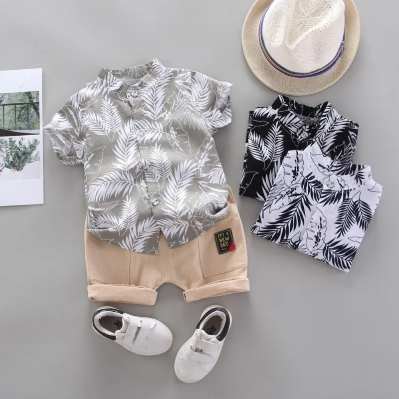 Summer Baby Boy Clothes Sets Fashion Leaves Pattern T-shirt Short Sleeve Cartoon Blouse+Shorts Kids Outfits Children Tracksuit