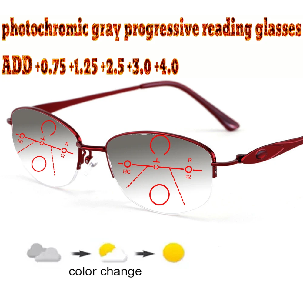 

Photochromic Gray Progressive Multifocal Reading Glasses Business women Halfrim Frame Tr90 +1.0 +1.5 +1.75 +2.0 +2.5 +3 +3.5 +4
