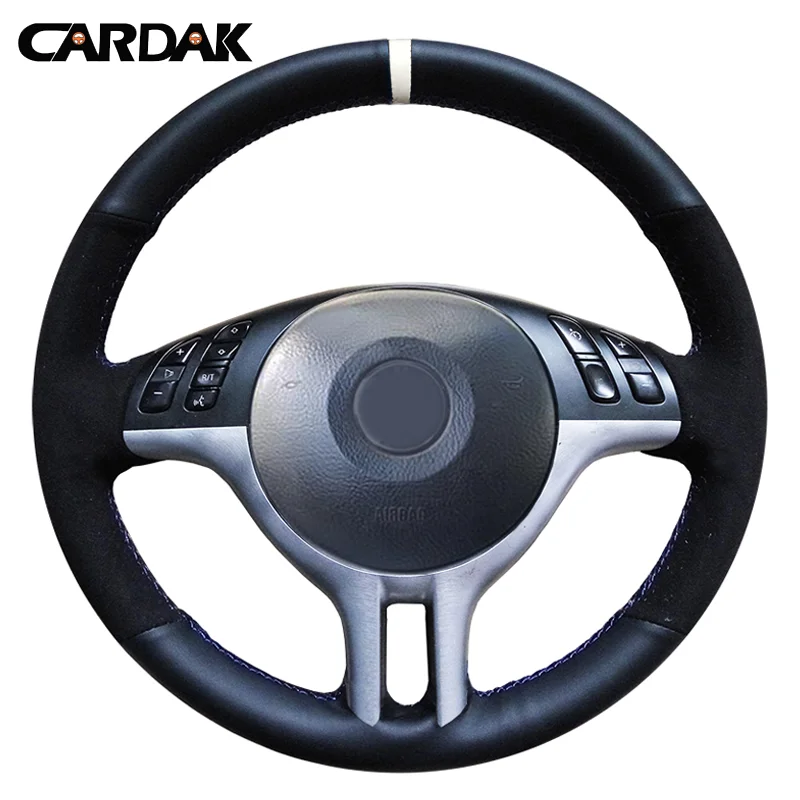 CARDAK Hand-Stitched Black Leather Suede Car Steering Wheel Cover For BMW E39 E46 325i E53 X5 Braid on the Steering-Wheel