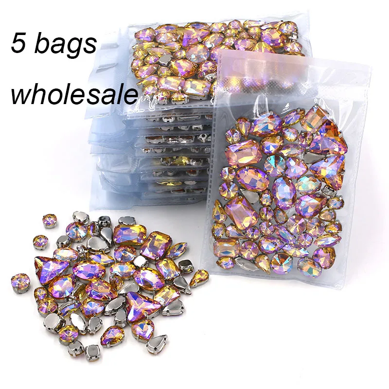 New Wholesale 5 bags mixed shape Yellow AB rhinestones glass crystal silver base sew on rhinestones for Clothing accessories