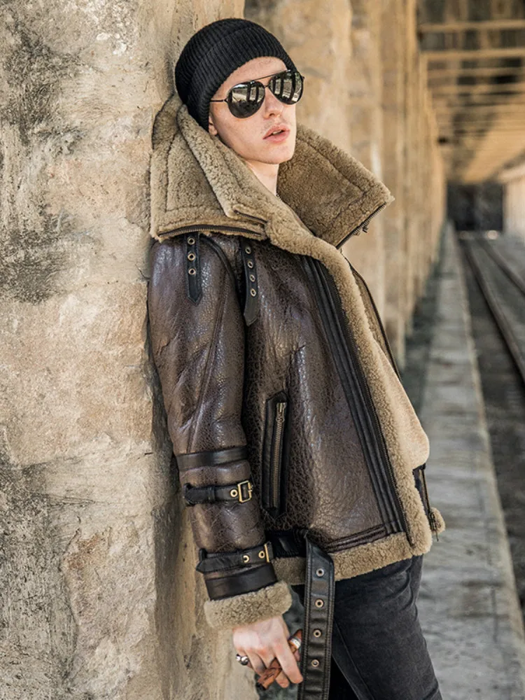 

New Sheepskin B3 Shearling Leather Fur Hybrid Coat Men Motorcycle Jacket Male Air Force Clothes