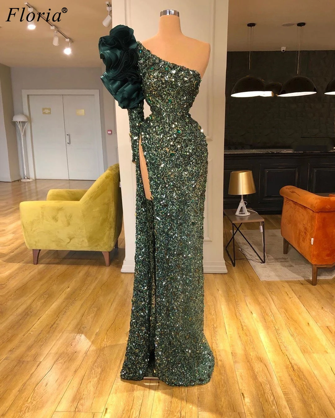 Gorgeous Abendkleider Heavy Handmade Evening Drsses Muslim One Shoulder Evening Gowns Long Sexy Prom Dresses Woman Couture Robe