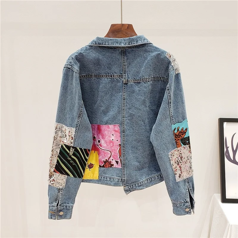 

Harajuku Autumn Women Loose Colorful Spliced Batwing Sleeve Denim Jacket Shiny Sequined Hip Hop Coat BF Style Casual Outwear Top