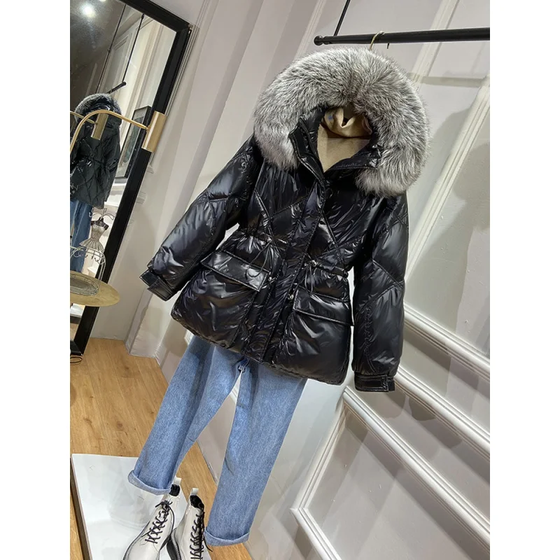 2024 Winter Down Jackets Women Big Fur Collar Warm Parkas Fashion Hooded Puffer Jacket Coats Big Pocket Female Padded Overcoat