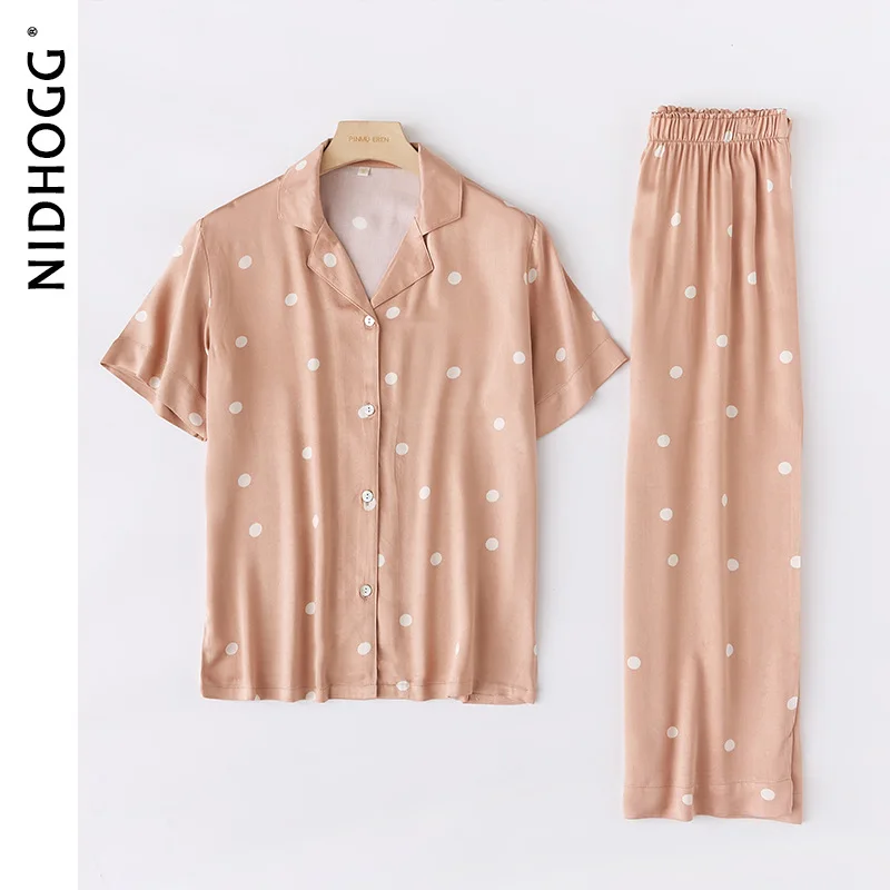 2021 New Short-sleeved Trousers Satin Pajamas Form Women Sweet Girlish Multicolor Viscose Turn-down Collar Two Piece Set Summer