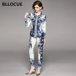 BLLOCUE 2020 Spring Designer Runway Suit Set 2 Piece Set Women Vintage  Flower Print Long Sleeve Shirt Blouse+Pencil Pant Suit