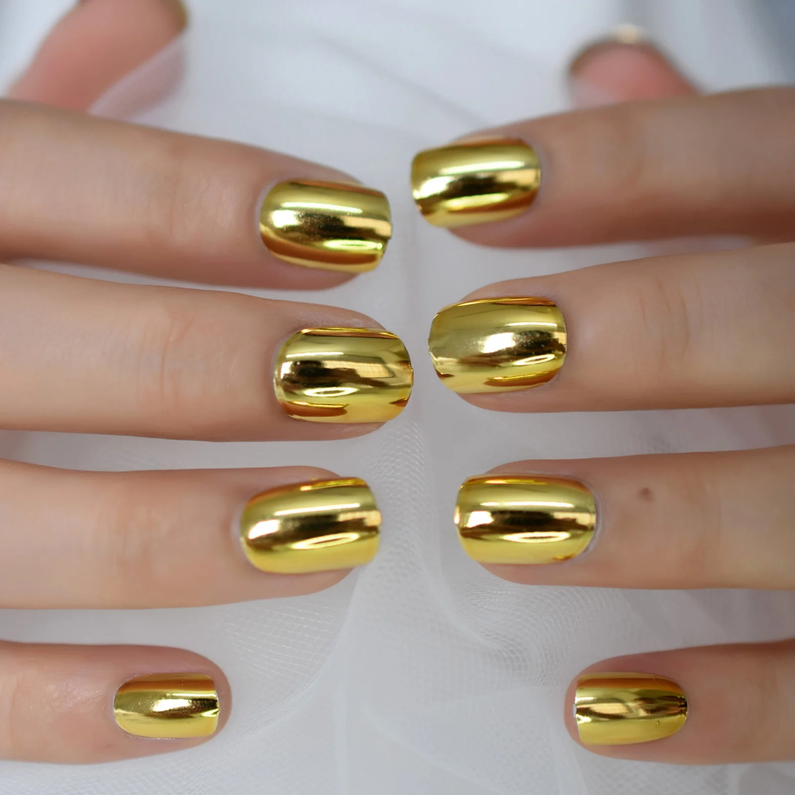 Shiny Punk Style Metallic Gold Color Press on False Fake Nails Metal Plating Acrylic Short Reflective Mirror Golden Nail Art Tip