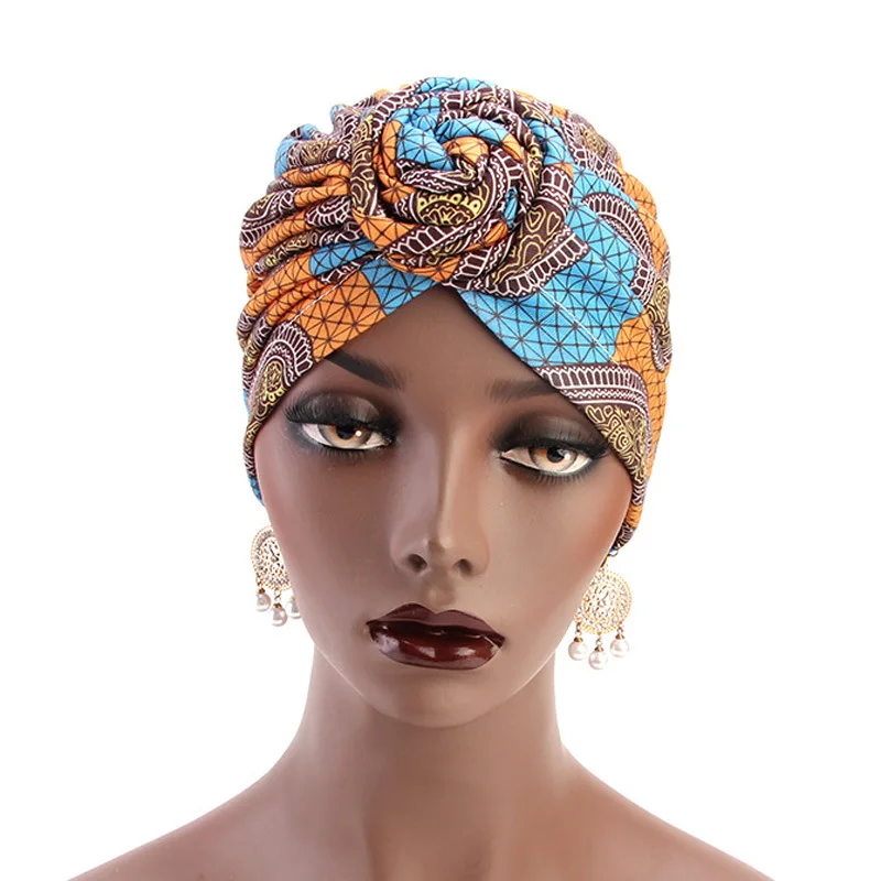 2022 New Fashion Bohemia Cotton Lined Bonnets Women African Vortex Knot Pattern Print Fabric Ankara Bonnets Hat Ladies Turban