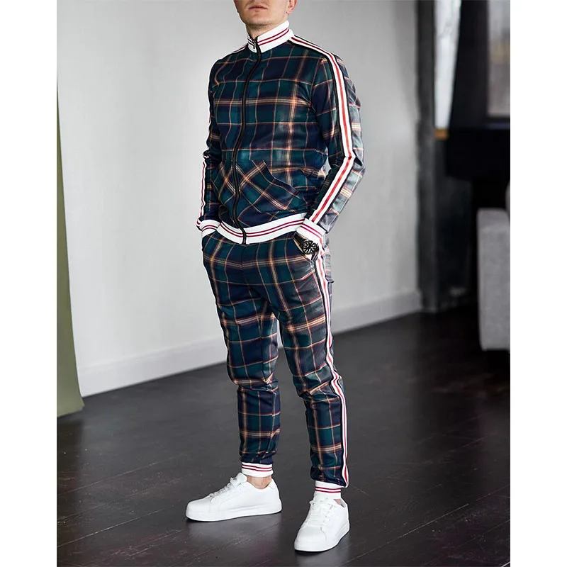 Tute da uomo colorate Plaid Casual Zipper felpa con cappuccio Set stampa 3D nuovi vestiti autunno felpa maschile per uomo