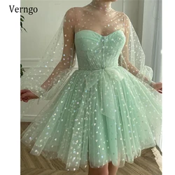 Verngo 2023 New Light Green Tulle Short Prom Dresses Puff Long Sleeves High Neck Ball Gown Homecoming Party Dress With Bow Sash