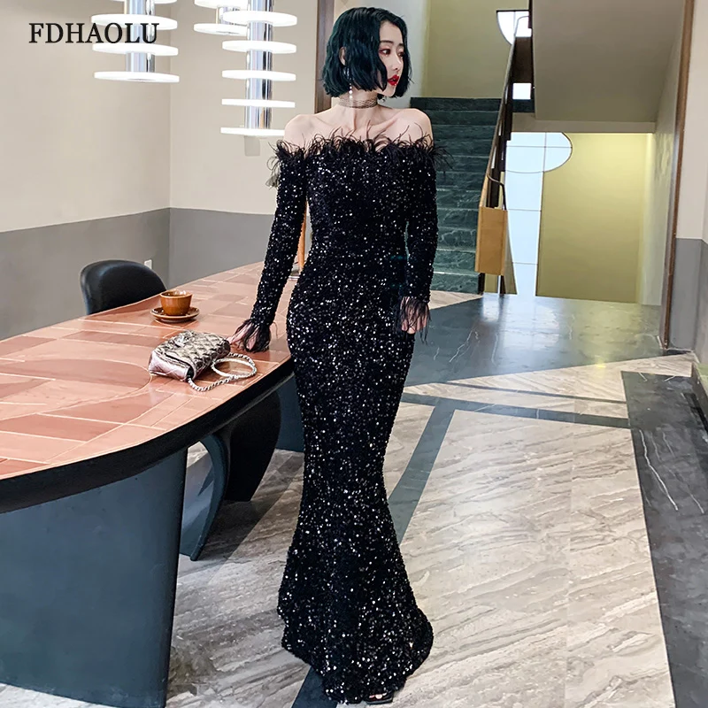 Customized FDHAOLU FU89 Black Long Prom Dresses Off The Shoulder Floor-Length Dresses Woman Party Night Mermaid Evening Dresses