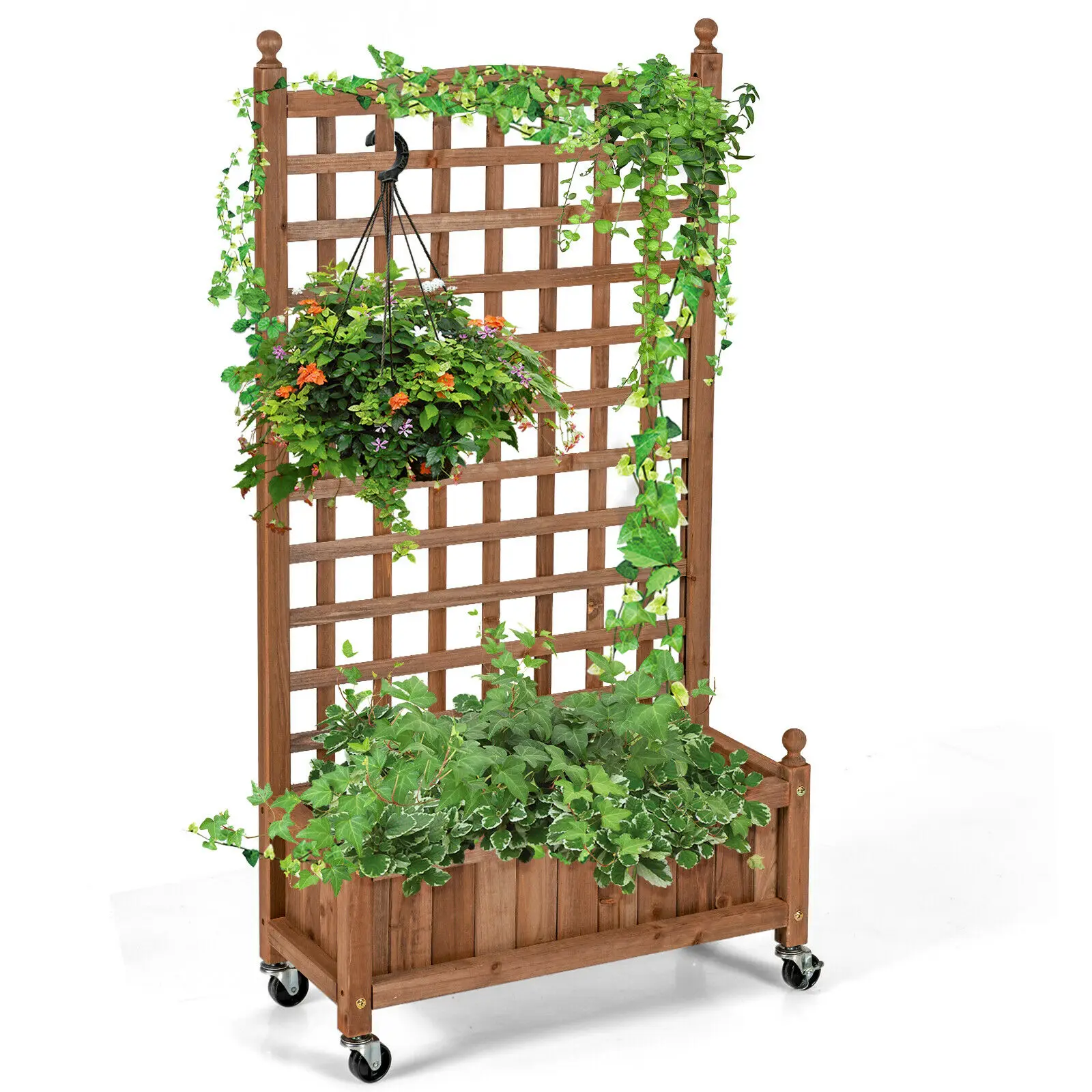 Costway 50in Wood Planter Box w/Trellis Mobile Raised Bed for Climbing Plant