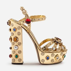 Luxury Gold Metallic Leather Chunky Heel Sandals Muti Crystal Studded Square High Heels Shoes Thick Platform Summer Sandals Hot