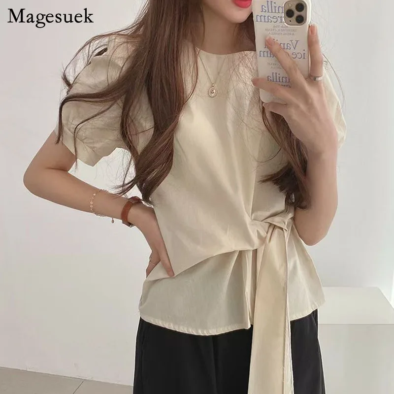 

2021 O Neck Puff Sleeve Chic Bandage Bow Tops Korean New Summer Short Sleeve Blouse Women Fashion Loose Clothes Blusas 14322