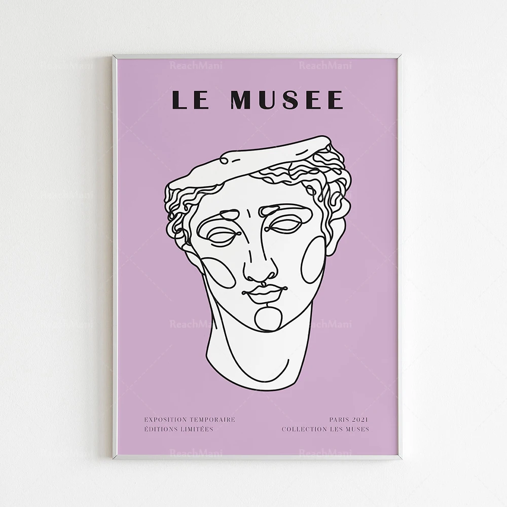Greek god art print, David head, Roman Greece, line art, pink artwork, abstract Greek museum poster