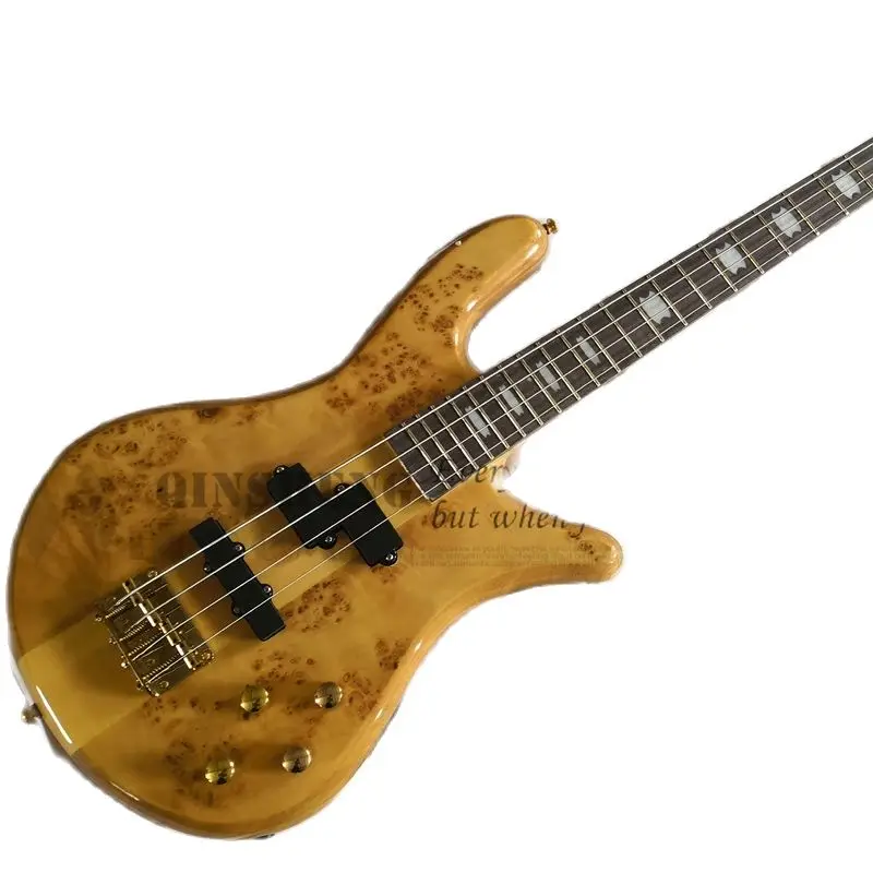 Custom Spe Bass Quilted Maple Veneer Gold Bridge Acitve Battery Maple Through Body Gold Knobs 4 Strings Bass Guitar