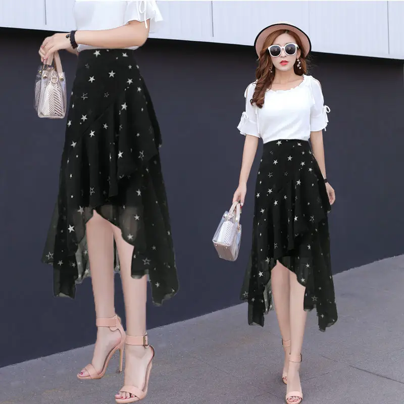 Ladies Floral Short Skirt Chiffon Floral Skirt Summer High Waist Irregular Ruffle Skirt Mid-length A-line Package Hip Skirt