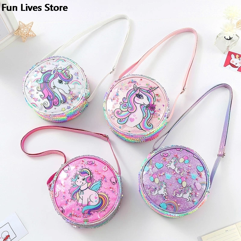 Round Shape Sequins Shoulder Handbag Unicorn Crossbody Coin Bag Children Kids Holiday Travel Pocket Pack Cartoon Phone Purse