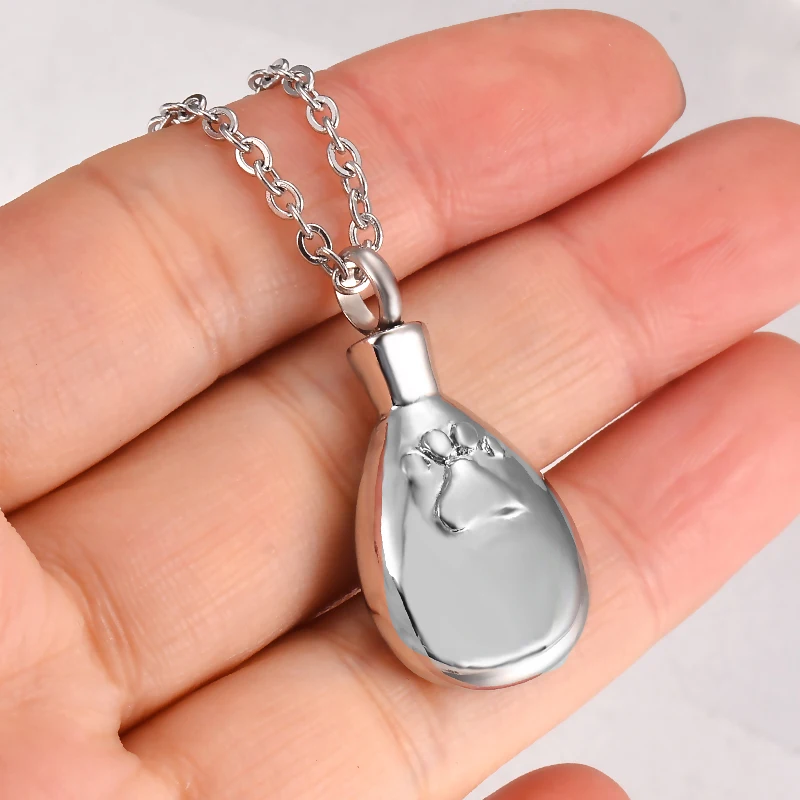 Pet Cat Paw Urn Pendant Keepsake Ashes Cremation Jewelry Stainless Steel Teardrop Memorial Necklace with Fill Kit