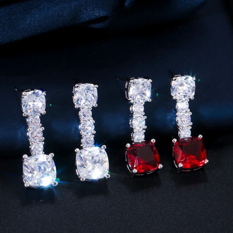 Pera Classic Princess Cut Cubic Zirconia Delicate Red Round CZ Drop Earrings Necklace Set for Women Party Costume Jewelry J348