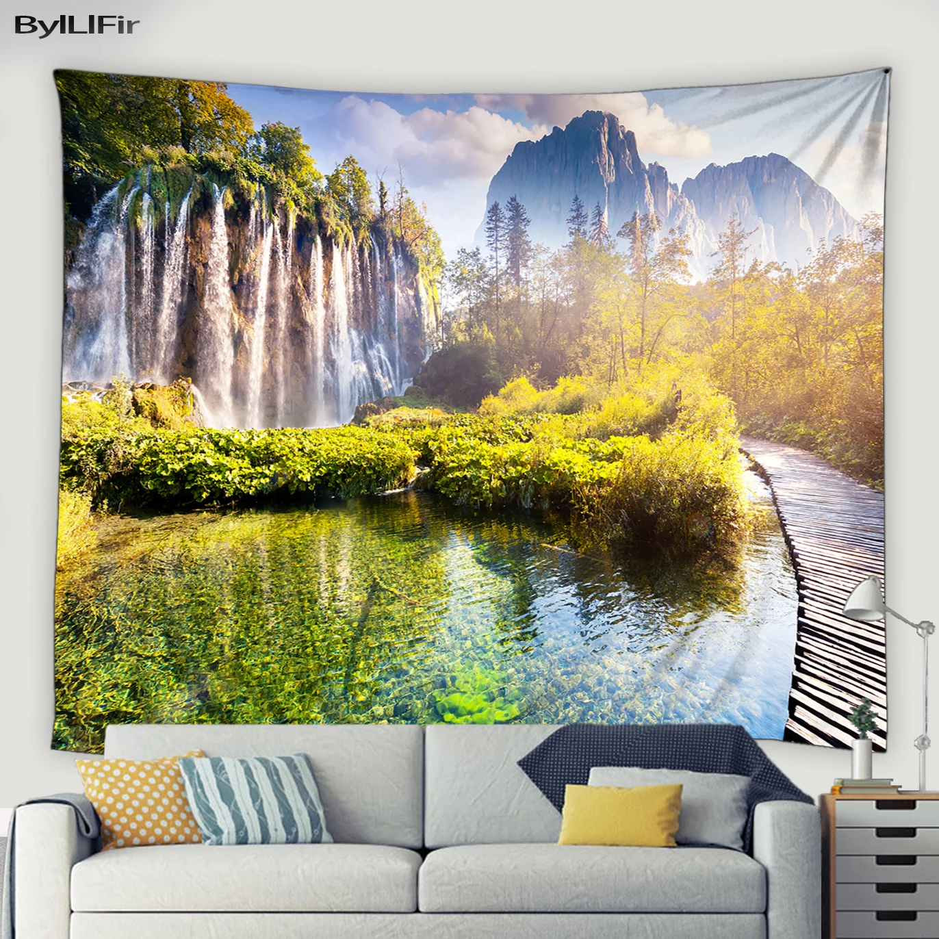 

Autumn Forest Scenery Big Tapestry Beautiful Waterfall Stream Wooden Bridge Living Room Wall Hanging Boho Decor Room Tapestries