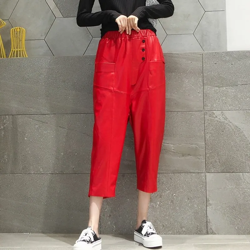 Streetwear Womens Calf Length Casual Harem Pants Hip Hop Loose Drop Crotch Sheepskin Real Leather Pants Elastic Waist Trousers