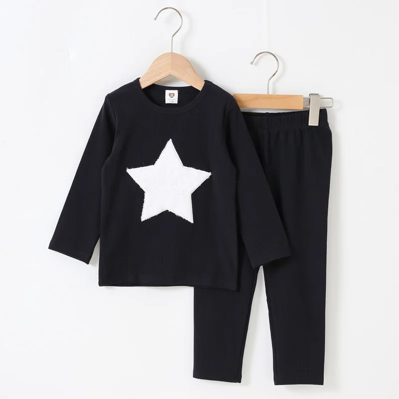 Children Clothes 2Pcs Set Ribbed Kids Clothes baby Boy Clothes Girls Clothes Round Neck Long Pants Heart Star Patches baby Suit