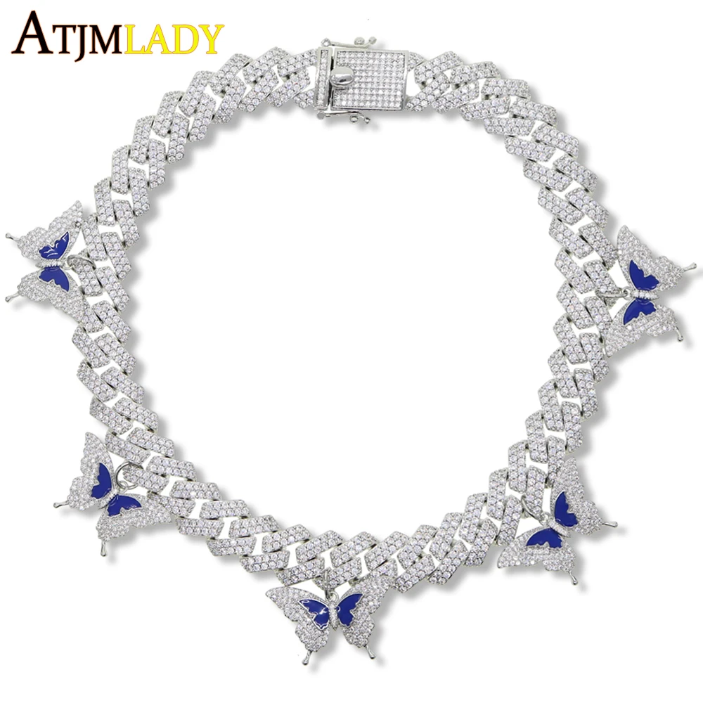 High quality Hiphop Jewelry Iced Out bling cz enamel blue Butterfly 5A cz heavy Miami cuban chain 15mm Choker necklace for Women