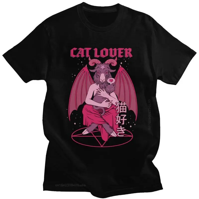 Funny Baphomet Cat Lover Evil T Shirt Men Cotton Tee Tops Lucifer Demon Goat Satan Tshirt Summer T-Shirt Camisa Streetwear