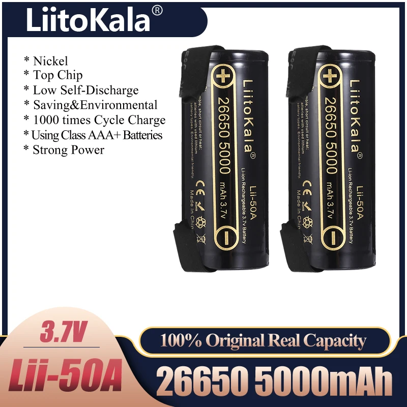 Lii-50A LiitoKala 26650 5000mah 26650-50A akumulator litowo-jonowy 3.7v do latarki 20A + DIY nikiel arkusze