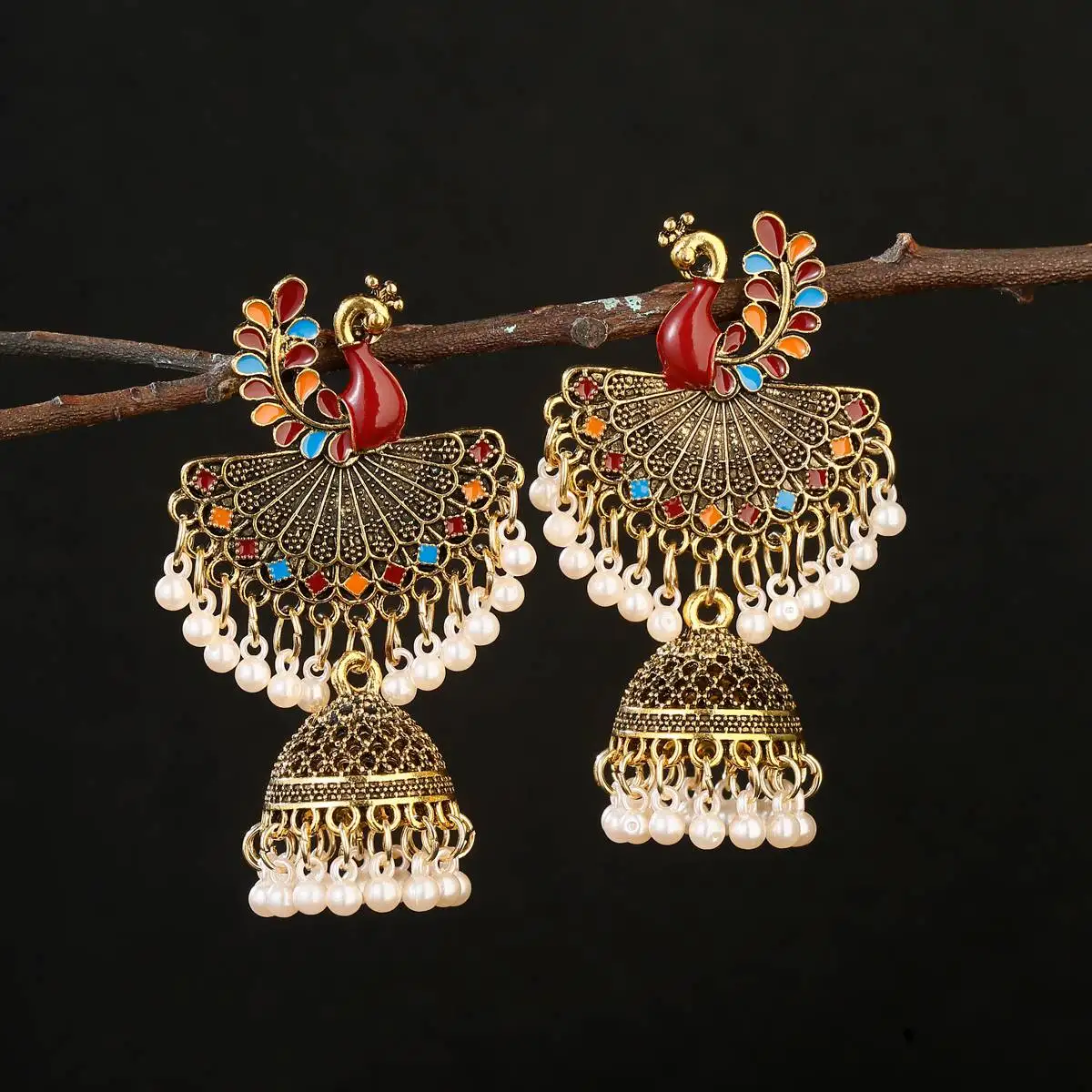 Vintage Antique Indian Dripping Oil Peacock Jhumki Earrings Women's Boho Ethnic Bollywood Gold Color Bells Earring