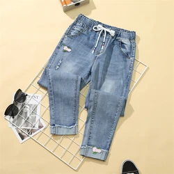 Vrouwen Lente Zomer Elastische Taille Borduurwerk Jeans Vrouwelijke Enkellange Denim Broek Kantoor Dame Baggy Losse Casual Broek