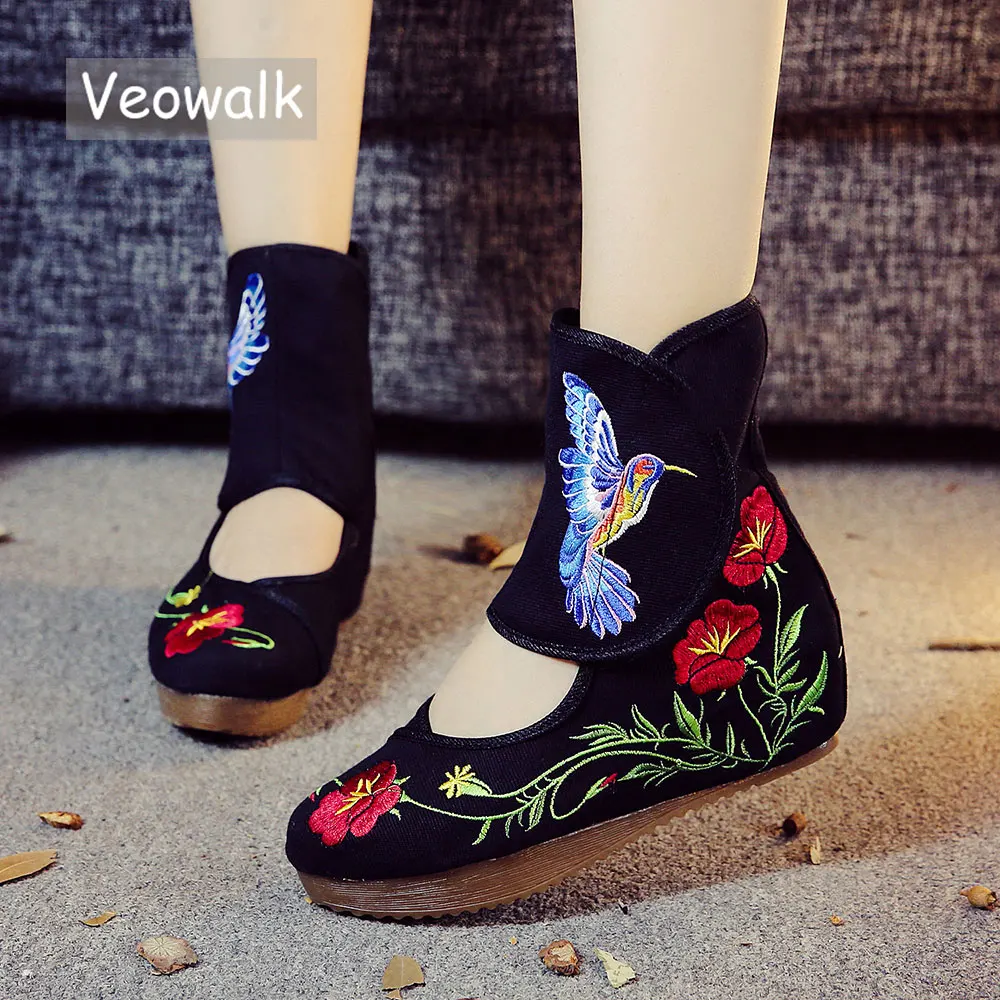 Veowalk Ankle Wrap Women Casual Boots Hummingbird Chinese Noble Mary Janes Inside Increased Embroidery Pumps Cloth Shoes