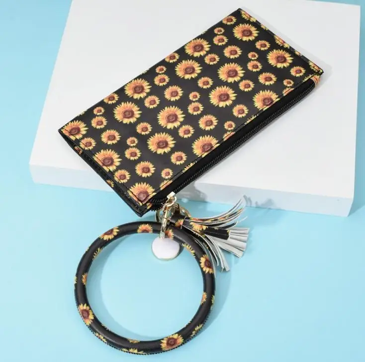 Leopard Leather Bracelet Key Chain Wallet PU Round Wristr Tassel Pendant Wristbands Keychain Bracelets Clutch Purse Gift SN2895