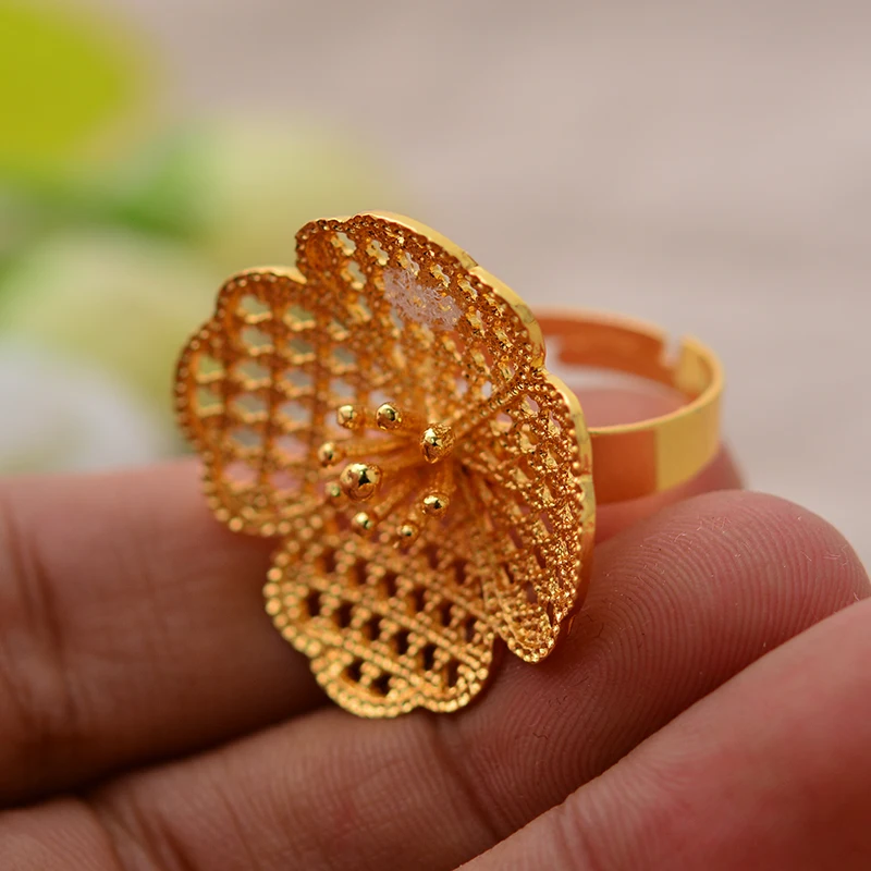 

NEW 24K Flower Dubai Gold Color Ring for Women Man Ethiopian Wedding Ring India/Ethiopian/African/Nigerian/Israel/Arabic Items