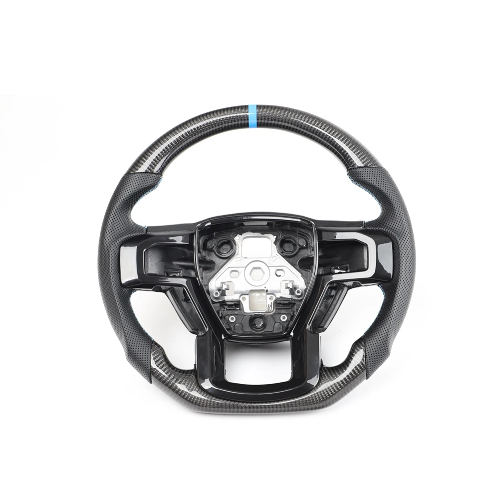 

BFB Steering Wheel Real Carbon Fiber Black Perforated Leather Blue Strap For Ford Raptor F-150 F150 2015-2020