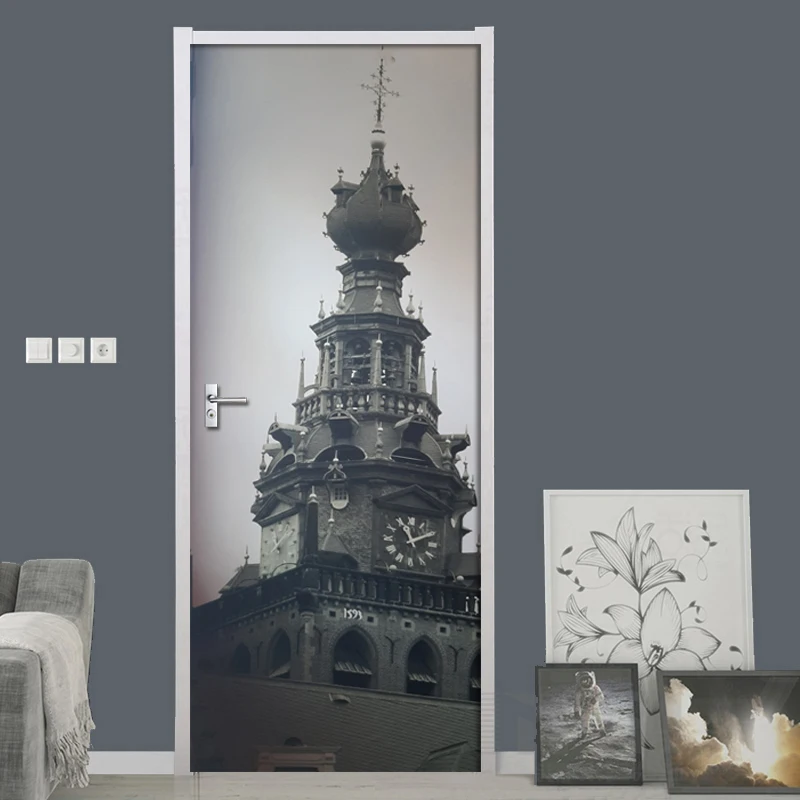 

European Retro Iron Tower Door Stickers Mural PVC Self-adhesive Waterproof Wallpaper Living Room Bedroom Door Decor Decal Poster