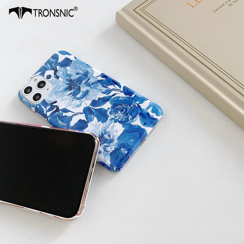 Glossy Flowers Phone Case for iPhone 11 Pro Max XR X XS MAX Hard PC Shiny Luxury Blue Case for iPhone 6s 7 8 Plus Covers Fashion