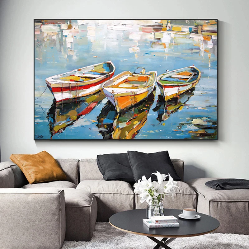 3 Boats Oil Canvas Painting Sea Landscape Posters and Prints Wall Art Picture for Living Room Home Decor Cuadros