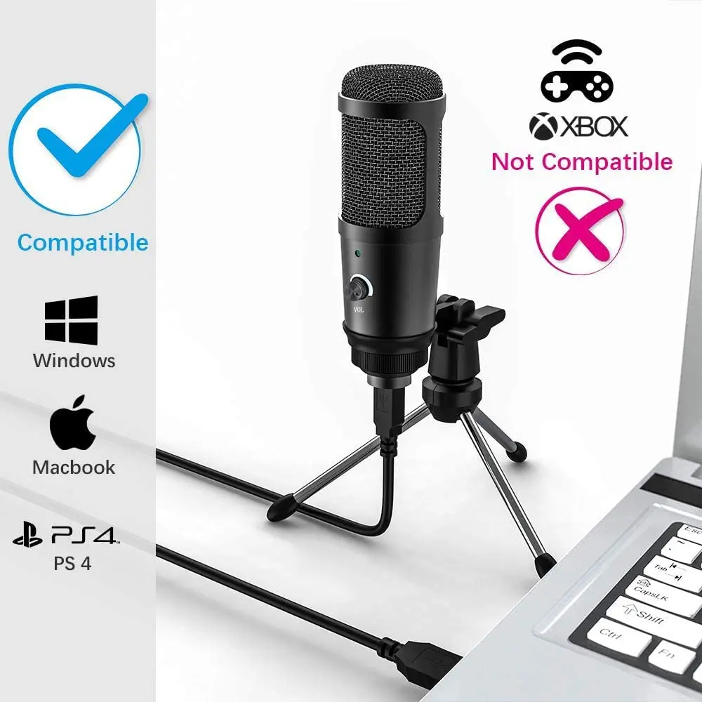 Microfono USB, microfono USB a condensatore con supporto per treppiede per giochi, podcast, chat Skype, YouTube, uscita vocale, streaming,