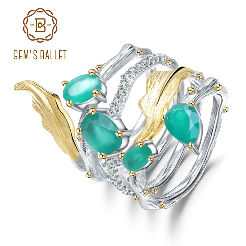 

GEM'S BALLET 925 Sterling Sliver Band Gemstone Ring 2.26Ct Natural Green Agate Rings For Women Personality Fine Jewelry