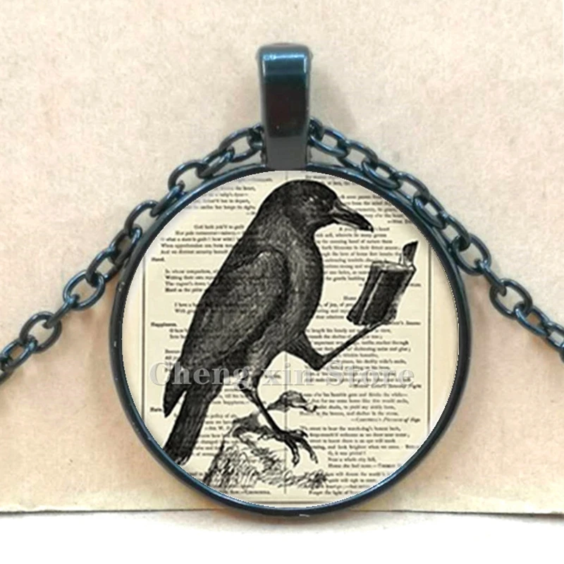 Bird on a branch glass cabochon necklace animal necklace cute bird art picture necklace crow pendant necklace