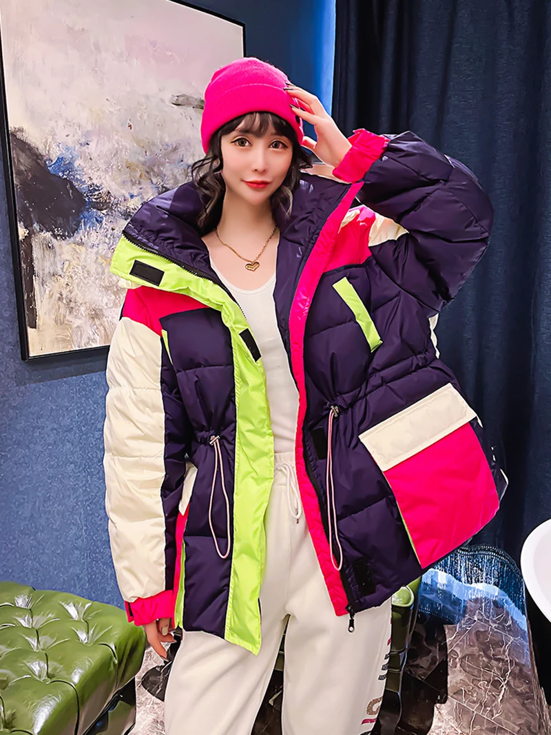 Korean Harajuku Style Winter Down Coat Women Fashion Hit Color Female Parkas 2024 Oversize Womens 90% White Duck Down Jacket